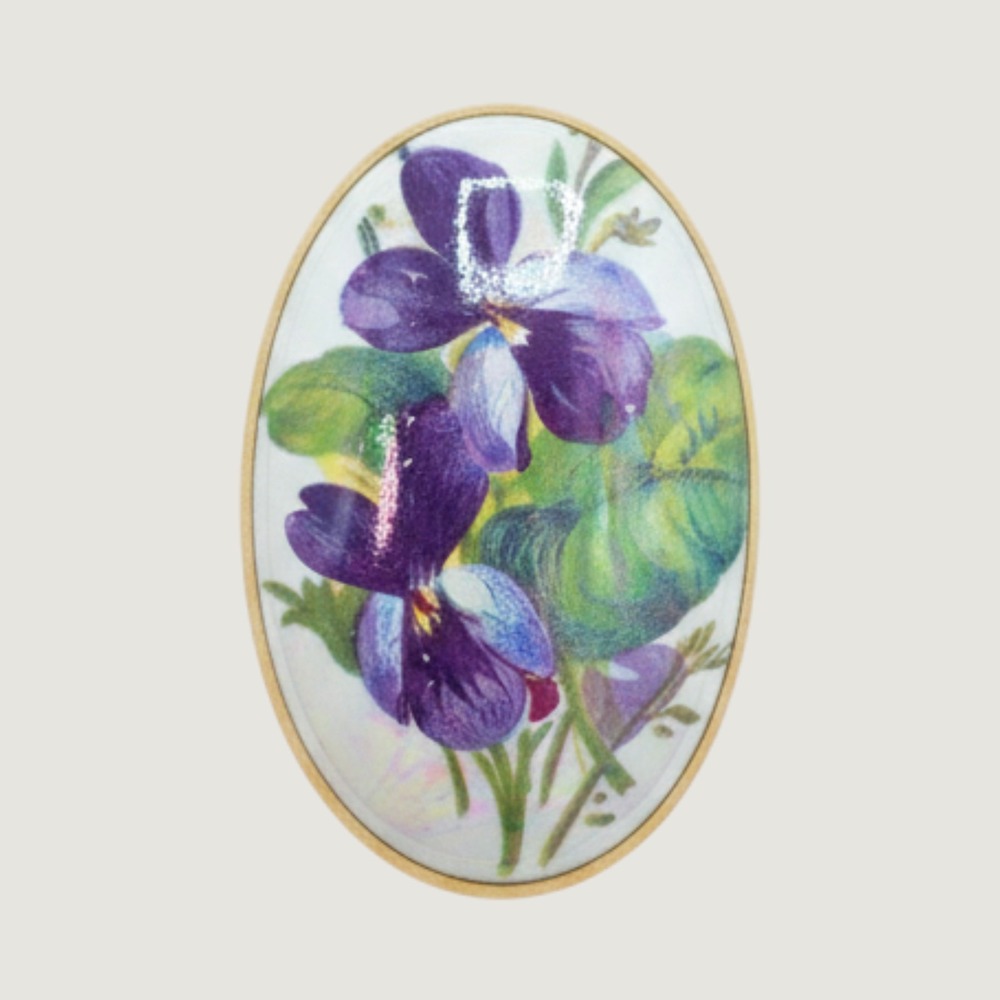 Vintage Victorian Revival Porcelain Violet Flower Brooch Iridescent Oval Pin